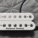 Bílý humbucker s dvěma řadami magnetických pólů. Na spodní části je černým nápisem uveden výrobce Seymour Duncan. Nástroj vykazuje mírné známky opotř…