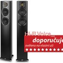 Dva černé sloupové reproduktory s matným povrchem. Každý reproduktor obsahuje v horní části jeden malý čtvercový výšek a dva větší kulaté středně-bas…