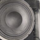 Fotografie zobrazuje černý reproduktor s kruhovou membránou a gumovým okrajem. Povrch membrány vykazuje známky opotřebení v podobě prachu a drobných…