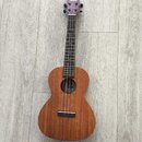Hnědý dřevěný ukulele s čtyři strunami. Na hlavě nástroje je bílý nápis Ashlynn. Uvnitř ozvučnice je vidět štítek s nečitelným textem. Nástroj vykazu…
