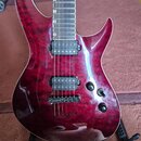 Elektrická kytara s červeným plamenovitým povrchem těla a hnědým hnedobělým lemováním. Nástroj má dva černý humbuckery, tři ovládací knofíky a jeden…