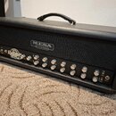 Kytarový zesilovač v černé koženkové obalovce s černou síťovkou. Na předním panelu je logo MESA ENGINEERING a nápis Dual Rectifier ELECTRI-FIRE. Zesi…