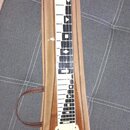Elektrická lap steel kytara v bílo-hnědém provedení, umístěná v hnědém obalu. Na hlavě nástroje je viditelné logo "REVIN". Hmatník obsahuje bílé a če…