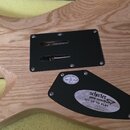 Zadní strana elektrické kytary z přírodního dřeva s viditnou masou. Uprostřed je černý plastový kryt elektroniky se dvěma šrouby pro ladění. Pod ním…