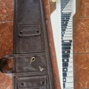 Na fotografii je lap steel kytara s dřevěným tělem a bílým krycí plátem, vedle ní hnědý polstrovaný obal. Na kovovém mostku nástroje je vidět nápis "…
