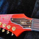 Červená elektrická kytara s hřidnicí v černém pouzdře. Na hlavě je bílý nápis Gibson a zlaté ladičky. Hmatník je tmavého dřeva s viditelnými pražci a…