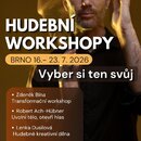 Grafický plakát s nápisem ProART Festival 2026 a velkým textem HUDEBNÍ WORKSHOPY. V horní části je portrét muže v černém oblečení, pod ním oranžový o…