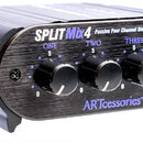 Kompaktní mixér/splitter v černém kovovém šasi s broušeným povrchem. Na horní části je nápis SPLIT Mix4 Passive Four Channel Stereo/Mono Mixer/Splitt…