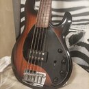 Elektrická basová kytara s tmavým průhledným lakem, pod kterým je vidět dřevěná struktura. Nástroj má černý pickguard, čtyři struny a hmatník z tmavé…
