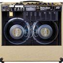 Zadní strana kytarového komba v béžovém potahu. Na horním černém panelu jsou nápisy Delta Blues, Teney, MADE IN CHINA BY PAVENT ELECTRONICS a varovné…