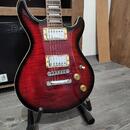 Červená elektrická kytara s vyznačenou strukturou dřeva a černým okrajem těla. Na snímačích je nápis Duncan Designed. Kytara má dva humbuckery, jeden…