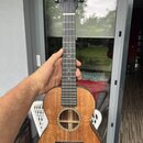 Dřevěný akustický nástroj typu ukulele v hnědé barvě. Na hlavě je bílý nápis CASCHA a stejný nápis je viditelný i uvnitř ozdobného rozeta kolem otvor…