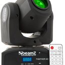 Černé pohyblivé světlo s zeleným filtrem v čočce. Na přístroji jsou bílé nápisy beamZ, PANTHER 40 a webová adresa www.beamzlighting.com. Zařízení má…