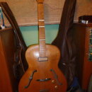 Akustická kytara s archtop korpusem v hnědé barvě a dvěma f-otvory. Nástroj je umístěn před otevřeným hnědým pouzdrem z kůže nebo syntetiky. Povrch l…