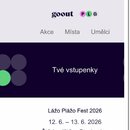Snímek zachycuje screenshot e-mailu s potvrzením vstupenek. Je zde vidět logo goout a text Tvé vstupenky. V popisu akce je uvedeno Lážo Plážo Fest 20…