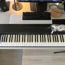Černý digitální klavír s dřevěným rámem a klávesnicí. Na horním panelu se nachází řada ovládacích prvků a konektorů, ale žádné značky ani názvy model…