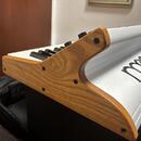 Detailní pohled na bílý klávesový syntetizátor s dřevěnými bočními panely. Na pravém boku je černý nápis "moog". Nástroj má bílé a černé klávesy a je…