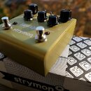 Zlatý efekt pedál s nápisy „strymon“ a „BRIGADE“. Na horní ploše jsou čtyři černé ovládací knoflíky s popisky „LOSS“, „REPEATS“, „MOD“ a „MIX“. Pedál…