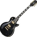 Černá elektrická kytara typu Les Paul s bílým lemováním korpusu a hmatníku. Na hlavě je nápis Epiphone a logo v podobě písmena E. Nástroj má zlaté po…