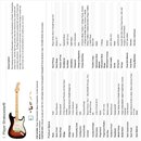 Snímek obsahuje fotografii elektrické kytary typu Stratocaster v barevném provedení 3-Color Sunburst s bílým pickguardem a javorovým hmatníkem. Nad k…