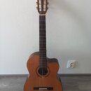 Akustická kytara s cutawayem v hnědém dřevěném provedení. Na hlavě hmatníku je viditelné bílé logo ve tvaru stylizovaného písmene Q. Nástroj je vybav…