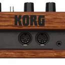Zadní strana hudebního zařízení v dřevěném šasi s nápisem KORG. V černém panelu jsou umístěny konektory pro napájení, USB port, dva XLR vstupy a tři…