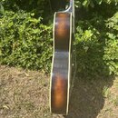 Fotografie zachycuje zadní stranu akustické kytary s hnědým sunburst povrchem a bílým lemováním. Nástroj je zobrazen v profilu před zelenou živou zdí…