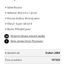 Snímek obsahuje screenshot s textovým popisem malého bubnu. Text uvádí specifikace jako Série Piccolo, Velikost 30,5 cm x 1,8 cm, Korpus bubnu 8vrstv…