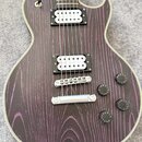 Elektrická kytara s fialovou barvou a výraznou strukturou dřeva. Nástroj má dva humbuckery s bílými kryty, stříbrný kobylník a čtyři černé oválné kno…