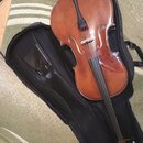 Hnědá smyčcová nástroj v podobě violoncella položená v černém měkkém pouzdře. Nástroj má lakovaný dřevěný povrch, černý hmatník a podstávku. Na fotce…