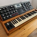 Elektronický syntetizátor v dřevěném rámu s klaviaturom. Na horním panelu jsou umístěny knoflíky, přepínače a displej s nápisy LFO, MODULATION BUSSES…