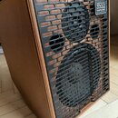 Hnědý dřevěný reproduktor s černou kovovou mřížkou. V pravém horním rohu je bílý nápis acus a pod ním menší text sound engineering. Povrch dřeva i mř…