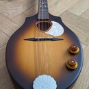 Kytara s kulatým korpusem v přechodovém hnědo-žlutém odstínu (sunburst). Nástroj má jeden oválný otvor, bílý perleťový plechtr a stříbrný kryt strun…