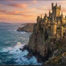 Na fotografii není žádný hudební nástroj ani příslušenství. Je zde zobrazen kamenný hrad s mnoha věžemi postavený na skalnatém útesu u moře během záp…