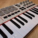 Bílo-šedý MIDI kontrolér s klaviaturním mechanismem a sadou padů. Na zařízení jsou viditelné nápisy AKAI PROFESSIONAL a MPK mini. Horní panel obsahuj…
