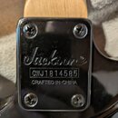 Detail zadní strany hlavy kytary s černým plastovým krytem. Na krytu je vyražené logo Jackson, sériové číslo CWJ1814585 a nápis CRAFTED IN CHINA. Kry…