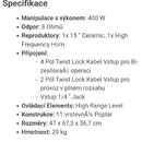 Fotografie obsahuje text s názvem Specifikace. Text uvádí technické parametry zařízení, včetně výkonu 400 W, odporu 8 Ohmů a reproduktorů 1x 15 " Cer…