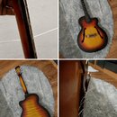 Kolaž čtyř fotografií zobrazuje polodupovou elektrickou kytaru s korpusem v barvě sunburst. Kytara má vyřezávané otvory v tvaru f a černý hmatník. De…