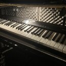 Černý digitální klavír s bílými a černými klávesami. Na pravé straně korpusu je nápis GO:PIANO. Nástroj je umístěn na stojanu v místnosti s akustický…