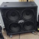 Černý basový reproduktorové box s čtyřmi membránami, které jsou kryty kovovou mřížkou. Uprostřed mřížky je bílé logo Peavey. Povrch skříně vykazuje z…