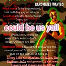 Obrázek obsahuje textový inzerát na hledání členů kapely s nápisy „BUFFMETAL WANTS YOU“ a „BANDMATES WANTED“. V pravé části je vidět muž s černým líč…