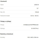 Fotografie obsahuje tabulku s textem „Parametry produktu“. Jsou zde uvedeny technické specifikace jako výkon 2500 W, repro 12 ", Max. SPL 130 dB a fr…