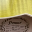 Fotografie detailně zachycuje štítek s informacemi o nástroji. Je na něm uveden název značky Ibanez, MODEL NO. AS73FM-GVG 5B-01 a SERIAL NO. PW190813…