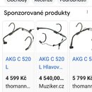 Snímek zachycuje screenshot z vyhledávače Google s výsledky pro dotaz „AKG 520l“. Jsou zde zobrazeny tři sponzorované produkty, konkrétně hlavové mik…