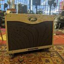 Kytarový kombo zesilovač v béžovém potahu s texturou. Na horní části je oválné logo Peavey a v dolní části nápis Peavey Classic 50. Přední strana je…