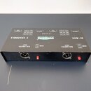 Černý DI-box s nápisy 2 CHANNELS a DI-BOX. Na horní straně je logo CORVALL SOUND & AUDIO EQUIPMENT, označení CES 02 a přepínače pro INPUT. Přední pan…
