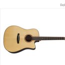 Světle hnědá akustická kytara s vyřezem v korpusu a tmavým hmatníkem. Pod obrázkem je uveden název modelu Tanglewood TJ 5 CE. Nástroj vypadá nově a j…