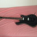 Černá elektrická kytara s bílým lemováním korpusu a hmatníku. Na hlavě je nápis ESP. Nástroj má dva humbuckery, ovládací knoflíky a tremolo mechanism…