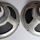Dva stejné reproduktory s kovovými rámy stříbrné barvy. Na středovém krytu je bílý štítek s nápisy PROFESSIONAL LOUDSPEAKER, CELESTION, Celestion Int…