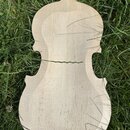 Dřevěný vyřezaný díl ve tvaru korpusu smyčcového nástroje, položený na trávě. Povrch je světlý, nelakovaný a vykazuje přirozenou strukturu dřeva. Na…